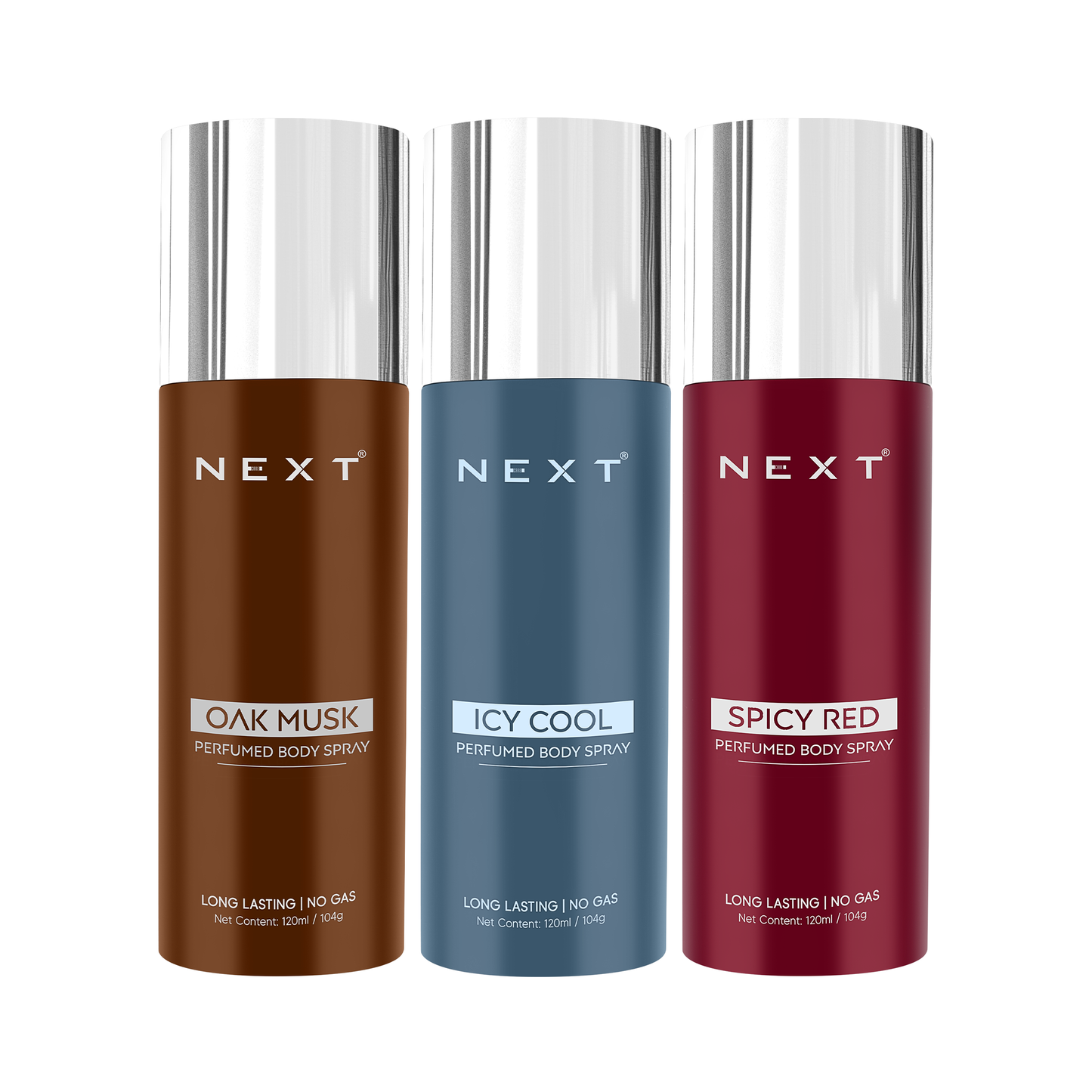 Next Care NO GAS DEO PACK OF 3 ICY COOL, OAK MUSK & SPICY RED - 120ml Each